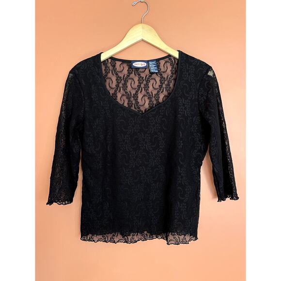 90s/Y2K Vintage Mesh Lace 3/4 Sleeve Top by Zoey Beth - Size Large - Picture 1 of 7